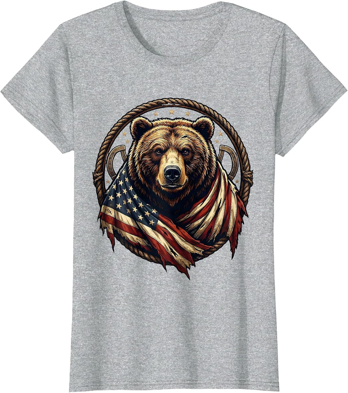 Patriotic Grizzly Bear American Flag Illustration T-Shirt - Heather Grey