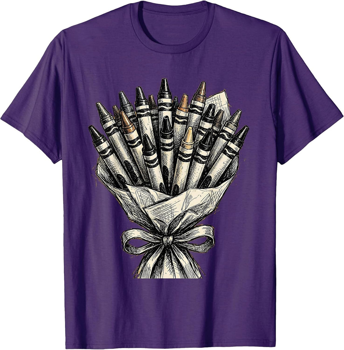 First Grade Teacher Crayon Bouquet Graphic T-Shirt - Purple