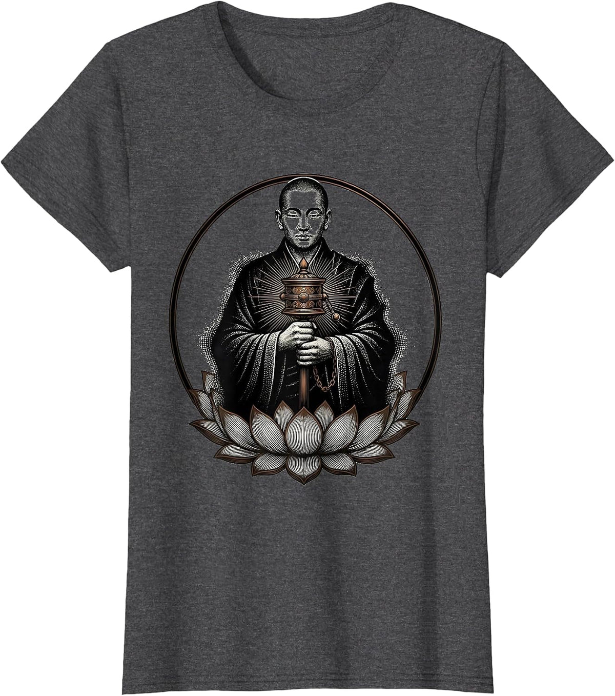 Women's Tibetan Monk with Prayer Wheel Illustration T-Shirt - Dark Heather Grey
