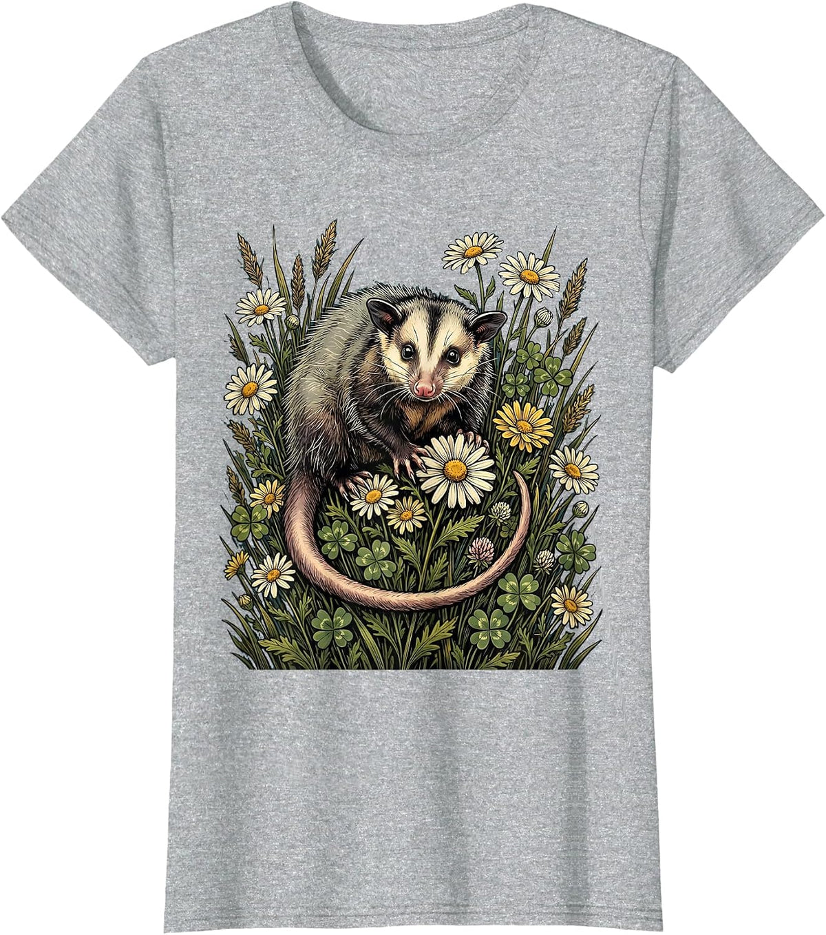 Women's Opossum in Wildflower Field Illustration T-Shirt - Heather Grey