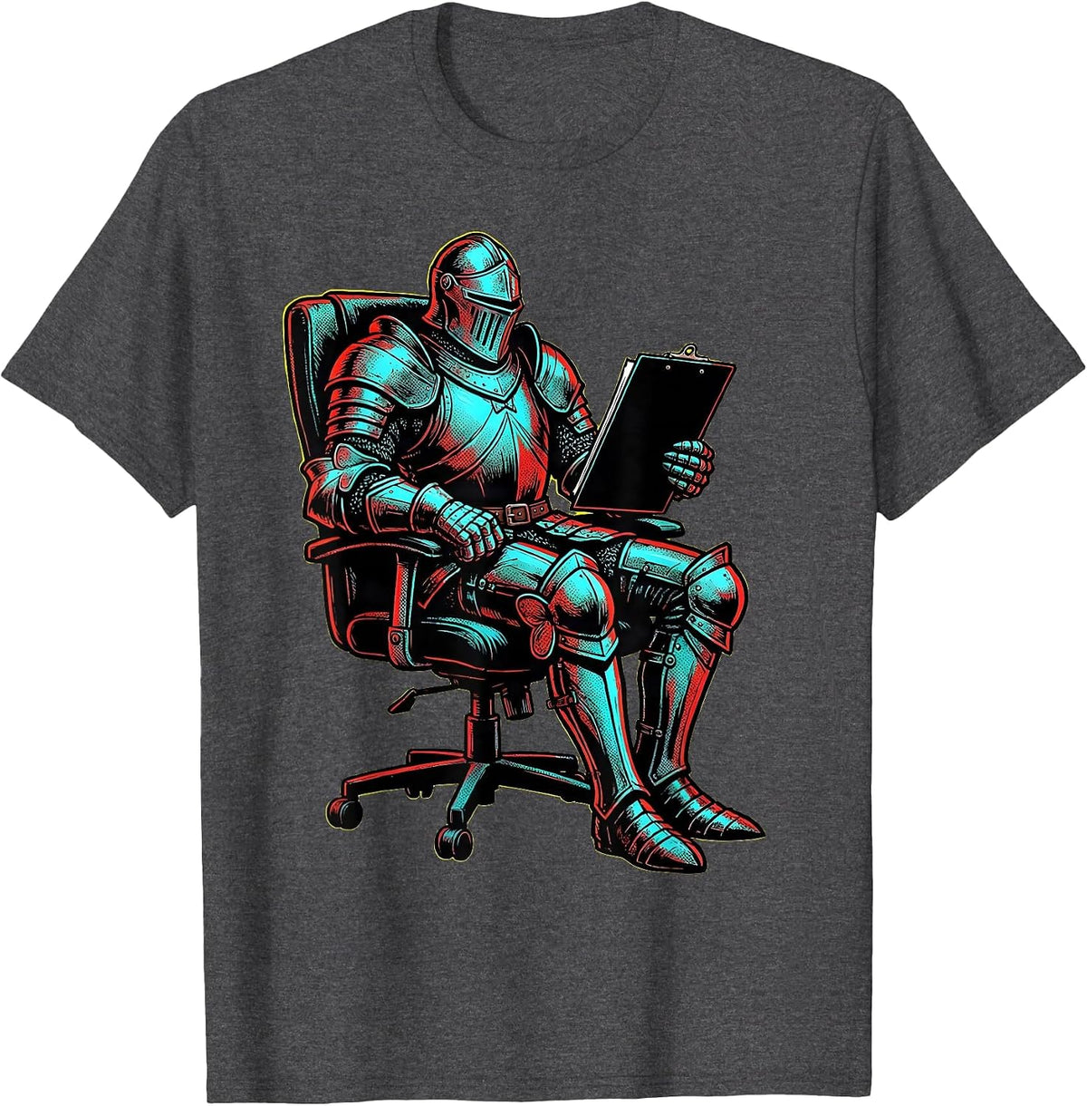 Bold Knight in Office Chair Clipboard Graphic T-Shirt - Dark Heather Grey