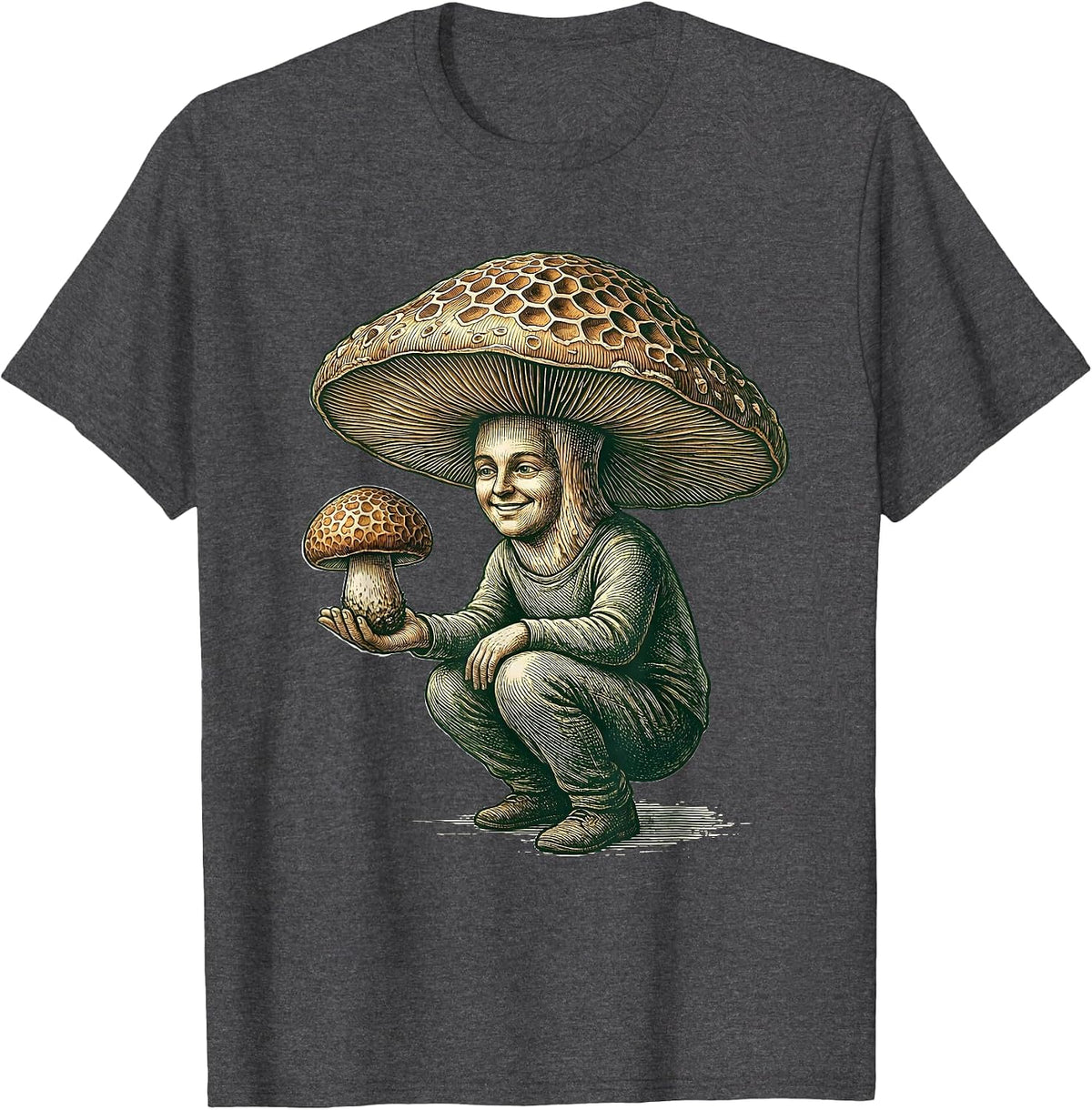 Men's Morel Hat Forager Crosshatch Mushroom Hunting Humor T-Shirt - Dark Heather Grey