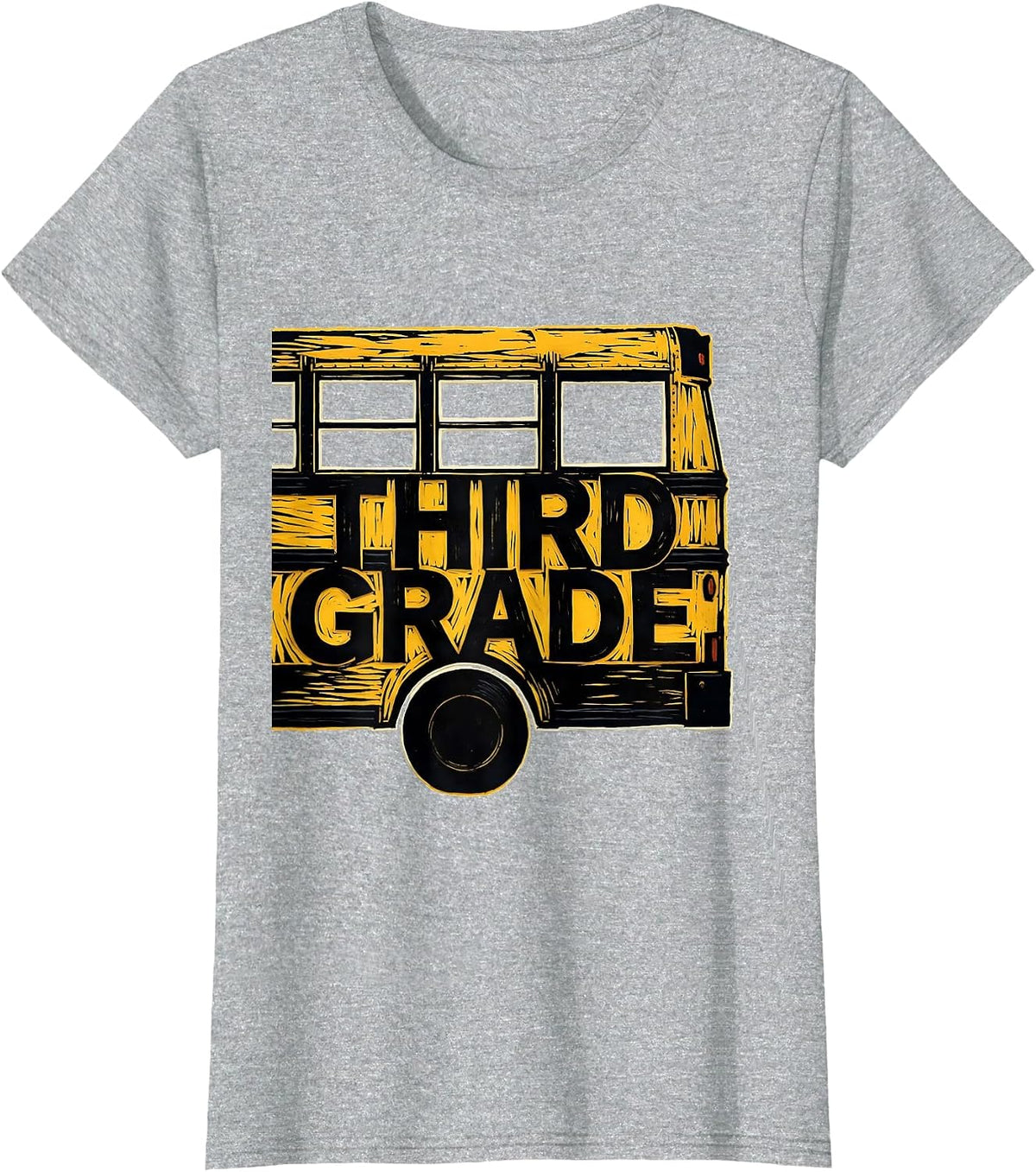 Third Grade Linocut School Bus Teacher Student First Day T-Shirt - Heather Grey