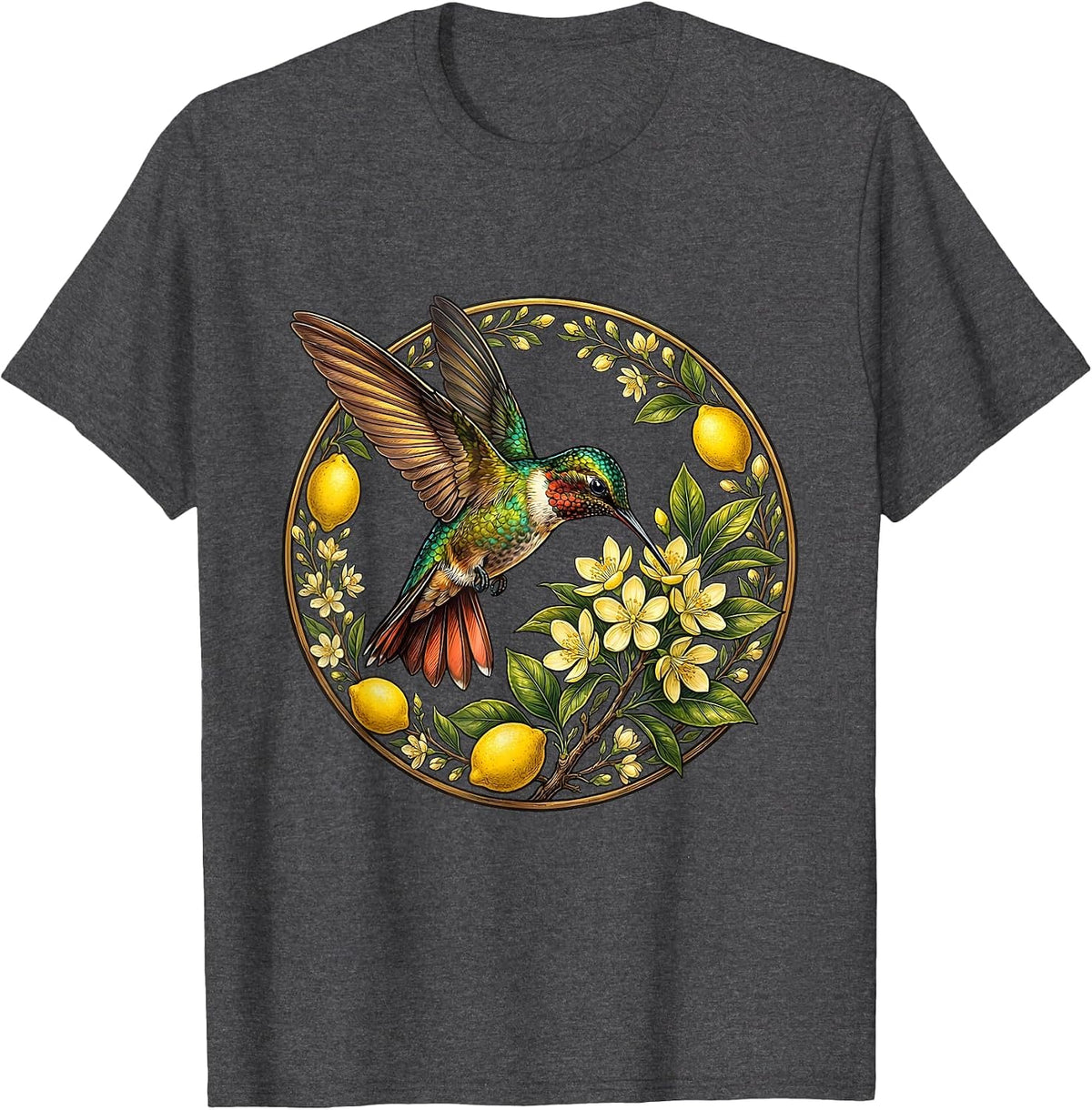 Hummingbird and Lemon Blossom Nature Design T-Shirt - Dark Heather Grey
