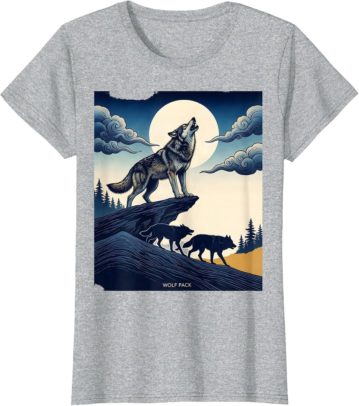 Wolf Pack Ukiyo-e Howling Wolf Lover Wildlife Art T-Shirt - Heather Grey