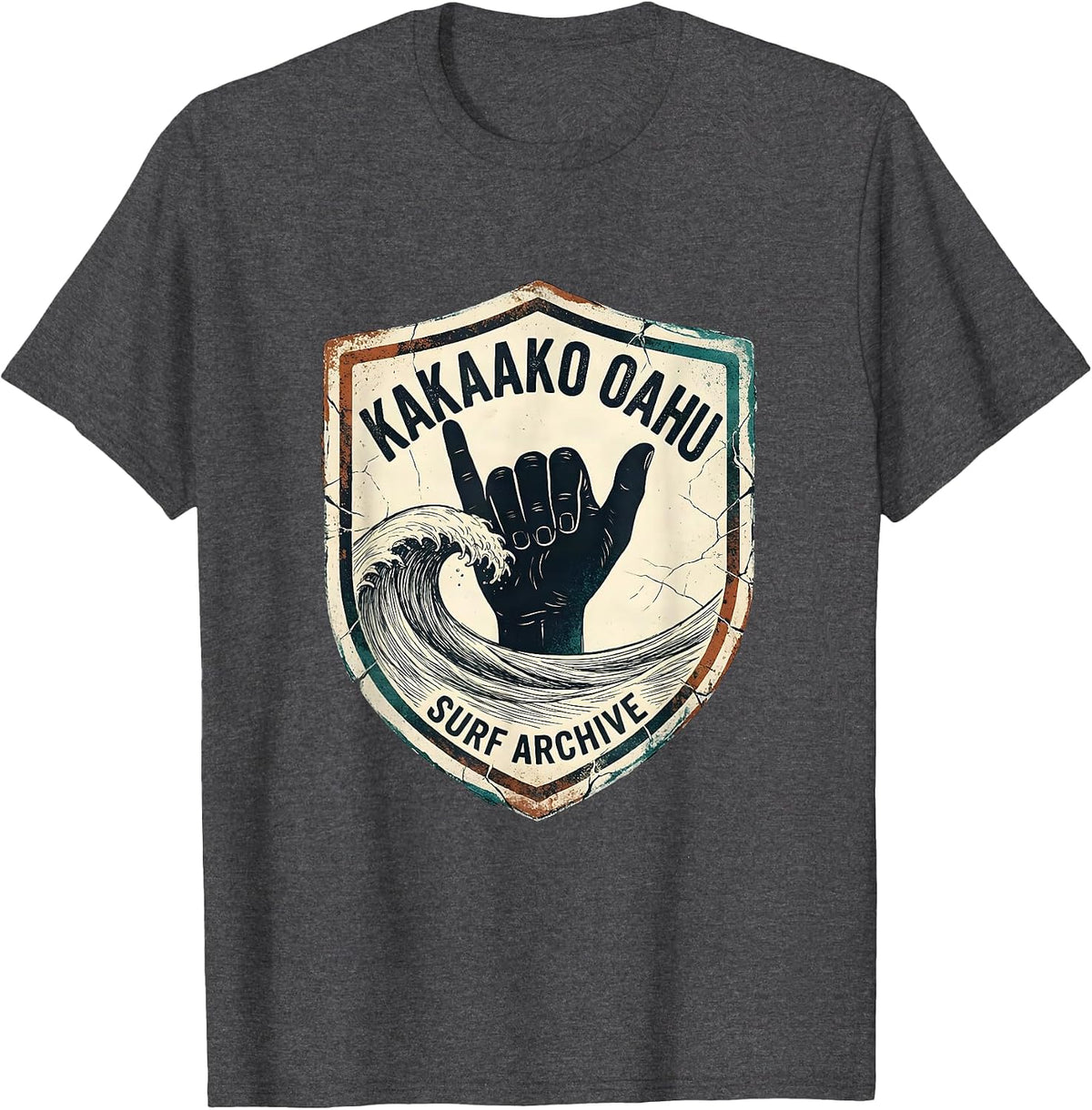 Men's Kakaako Oahu Surf Archive Distressed Vintage Surf Shaka Hand T-Shirt - Dark Heather Grey