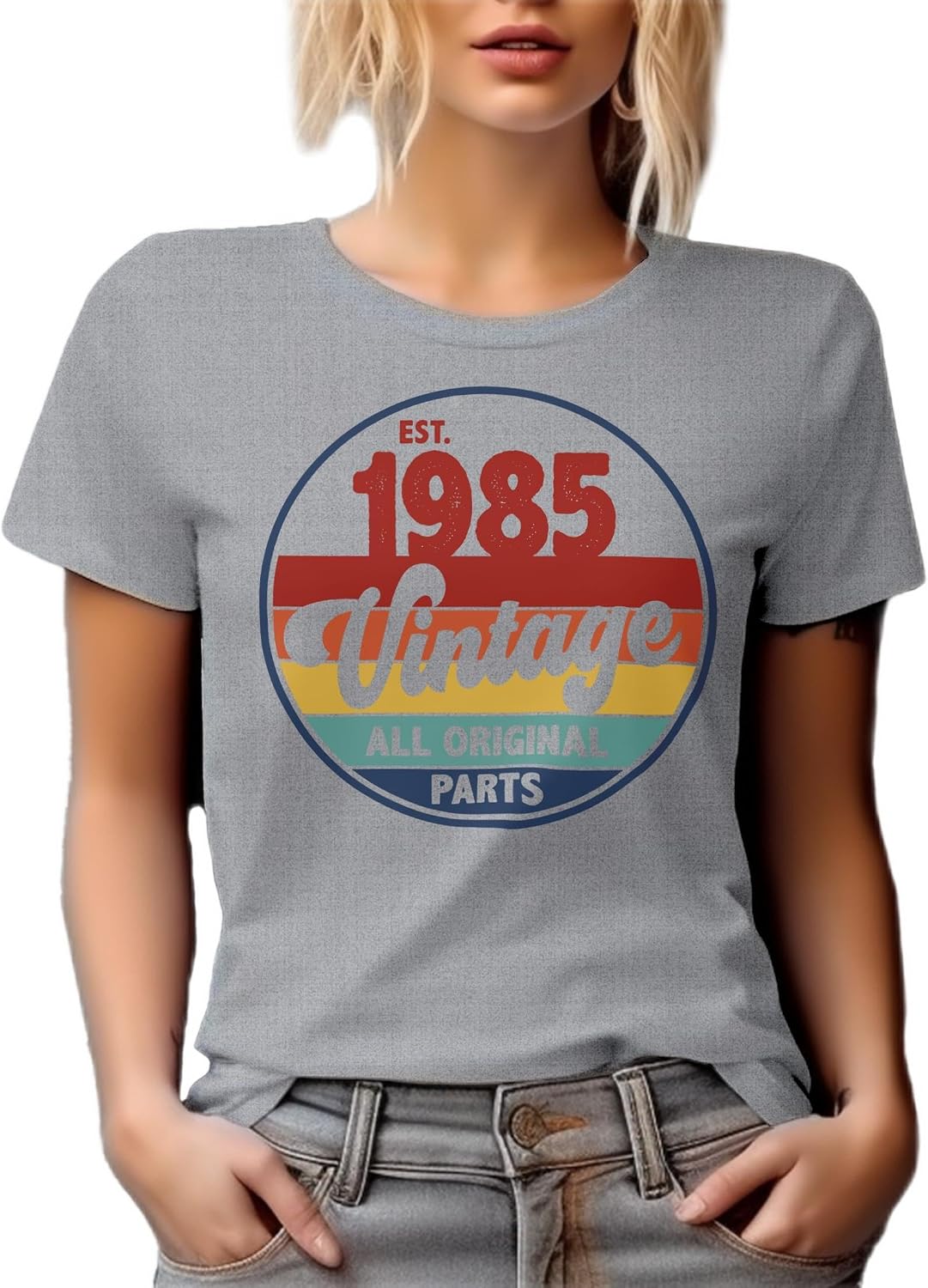 Vintage Est. 1985, All Original Parts White Graphic Tshirt - Heather Grey