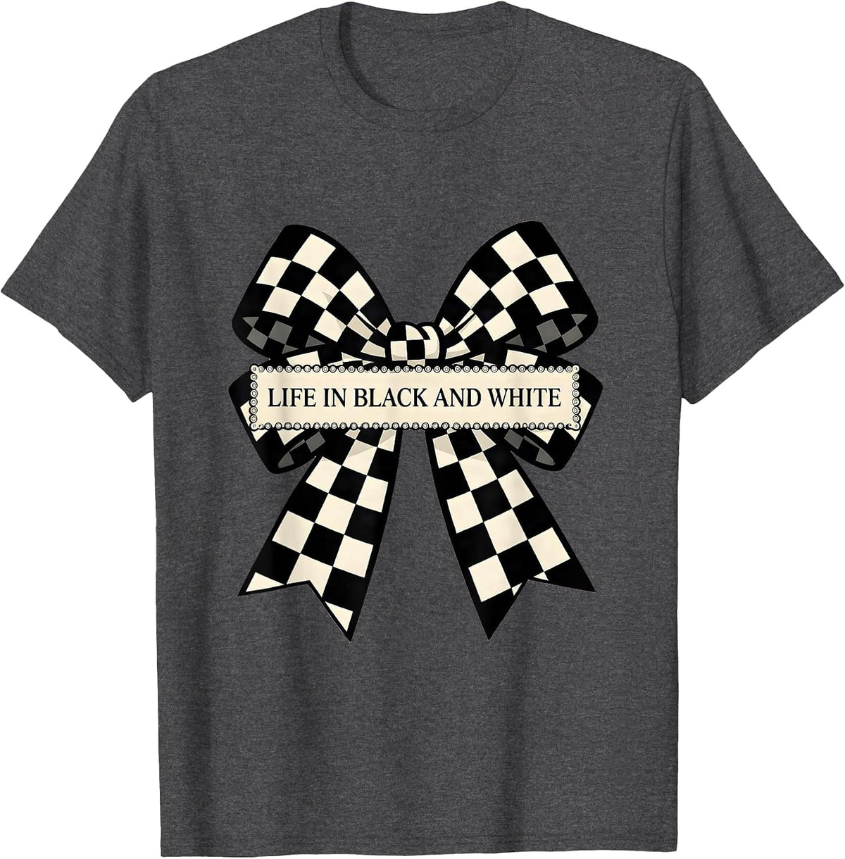 Men's Life in Black and White Checkered Design T-Shirt - Dark Heather Grey