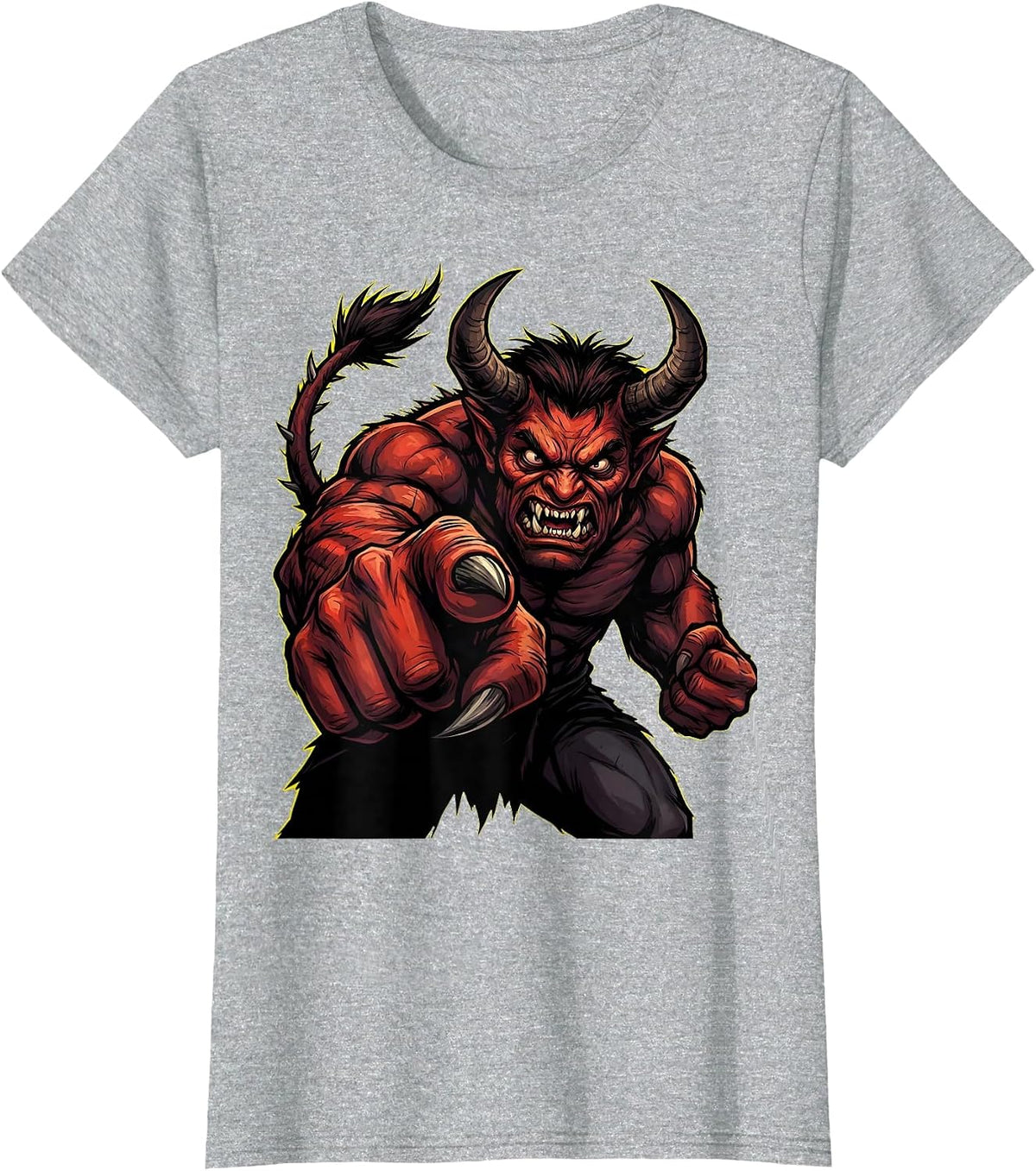 Angry Horned Demon Pointing Finger Graphic T-Shirt - Heather Grey