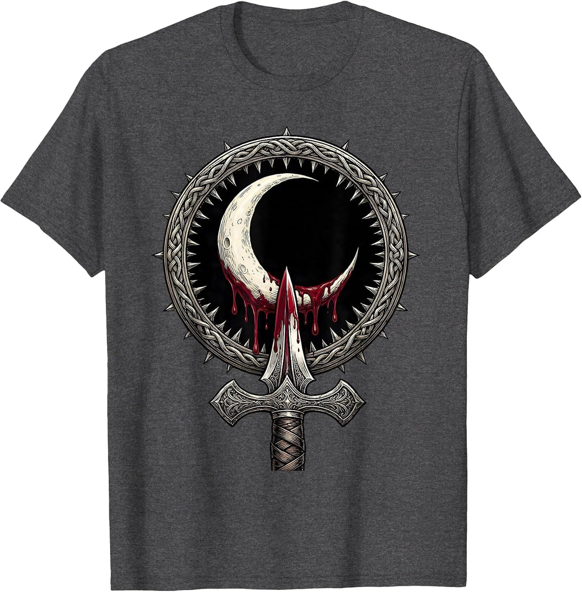Men's Crescent Moon Blood Dagger Dark Heavy Metal Art T-Shirt - Dark Heather Grey