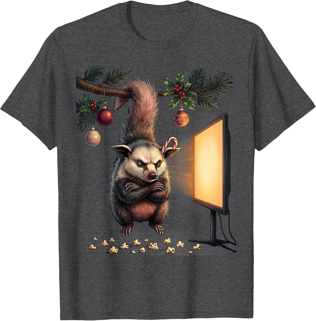 Cranky Opossum Christmas Movie Night T-Shirt - Dark Heather Grey