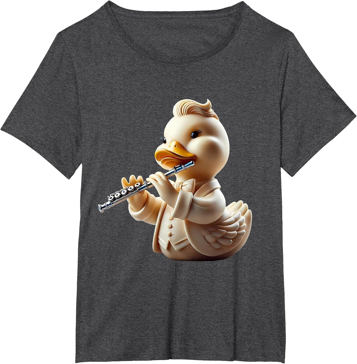 Rubber Duck Playing Flute Player Ducky Duckie T-Shirt - Dark Heather Grey