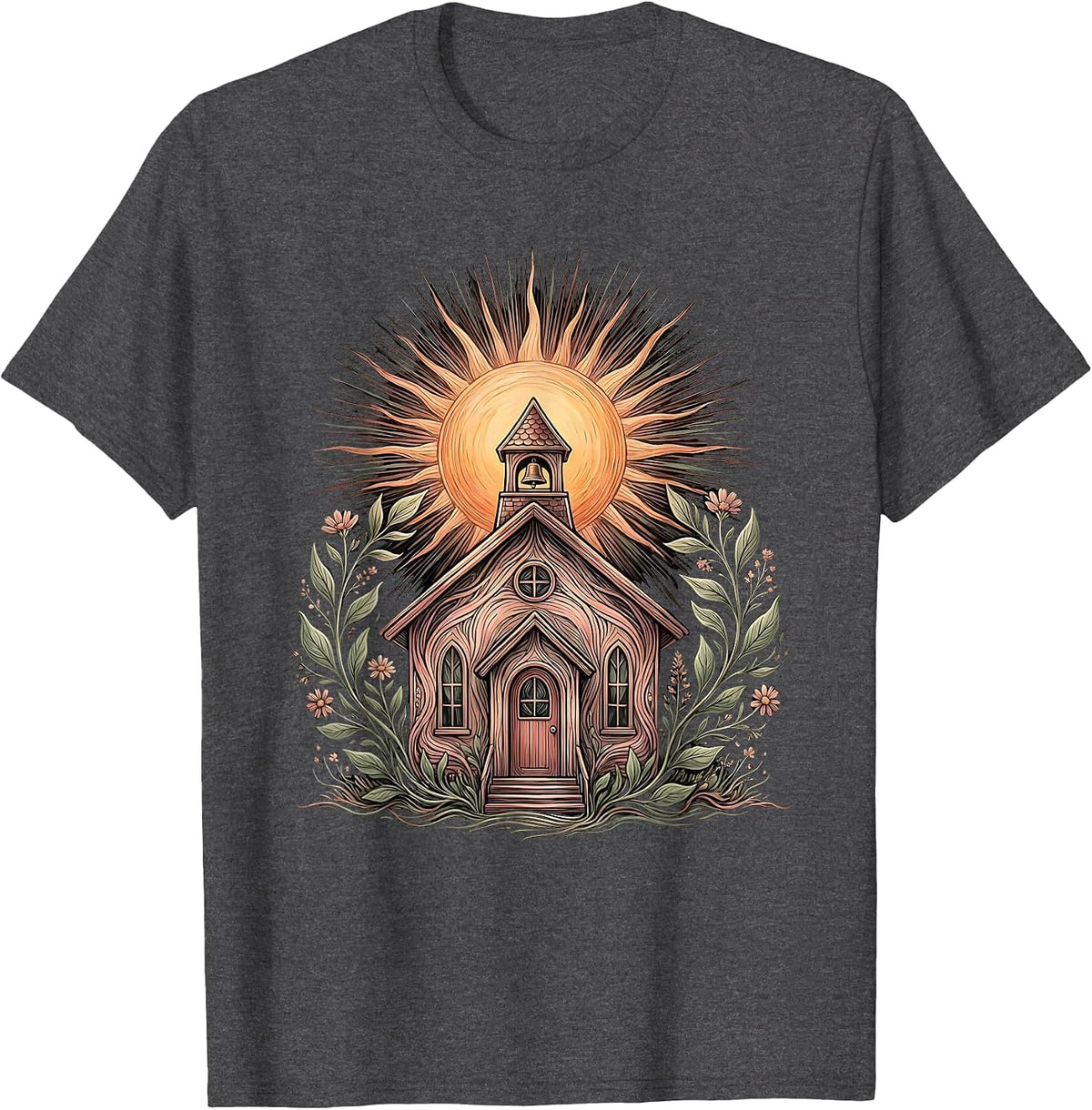 PreK Teacher Sunrise Schoolhouse Illustration T-Shirt - Dark Heather Grey