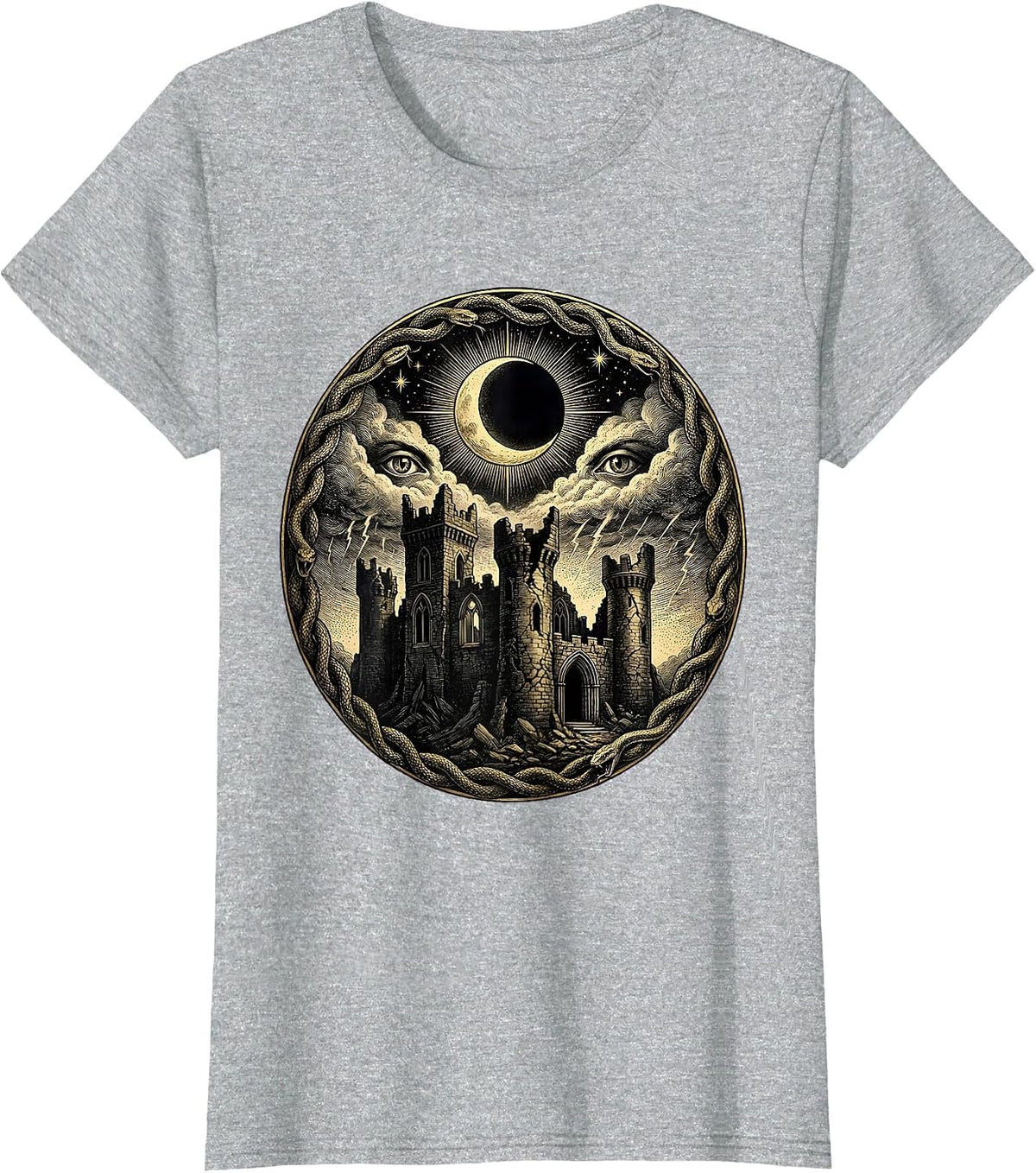 Women's Crumbling Castle Blood Red Storm Heavy Metal Art T-Shirt - Heather Grey