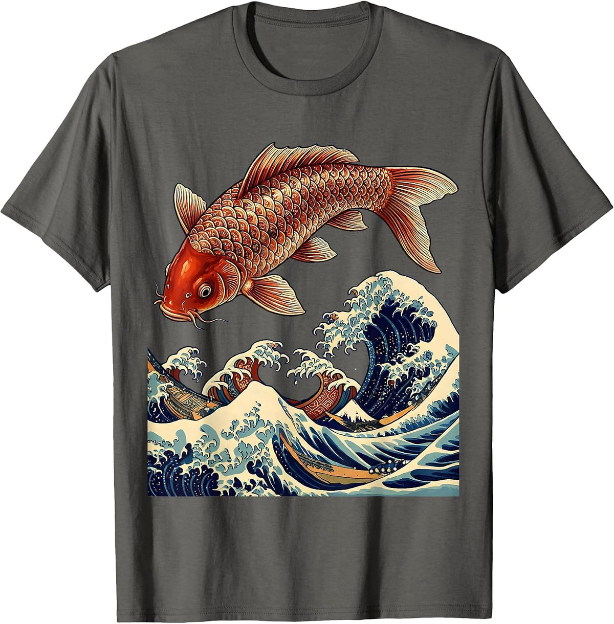 Men's Koi Fish Leaping Wave Japanese Art Design T-Shirt - Asphalt Grey