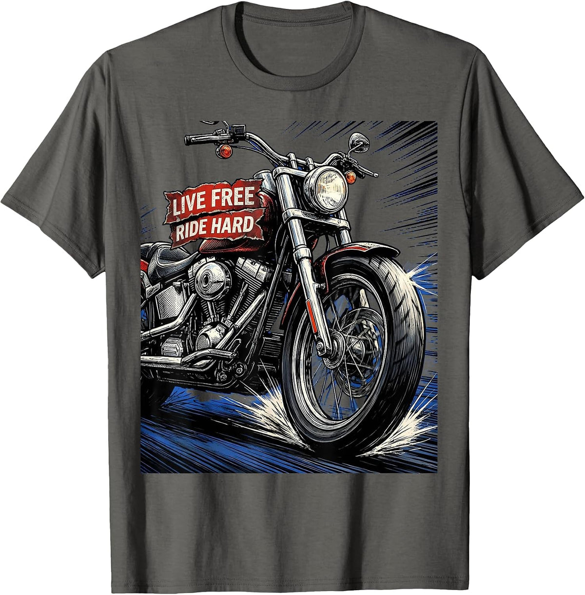 Live Free Ride Hard Biker Graphic Design T-Shirt - Asphalt Grey