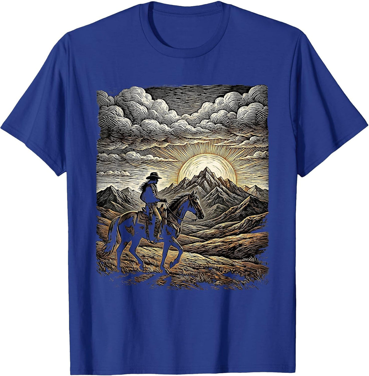 Cowboy Silhouette Riding Toward Mountain Horizon T-Shirt - Royal Blue