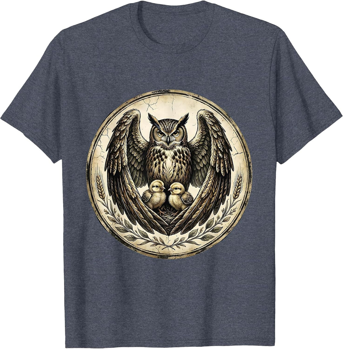 Protective Owl Spreading Wings Over Chicks T-Shirt - Heather Blue