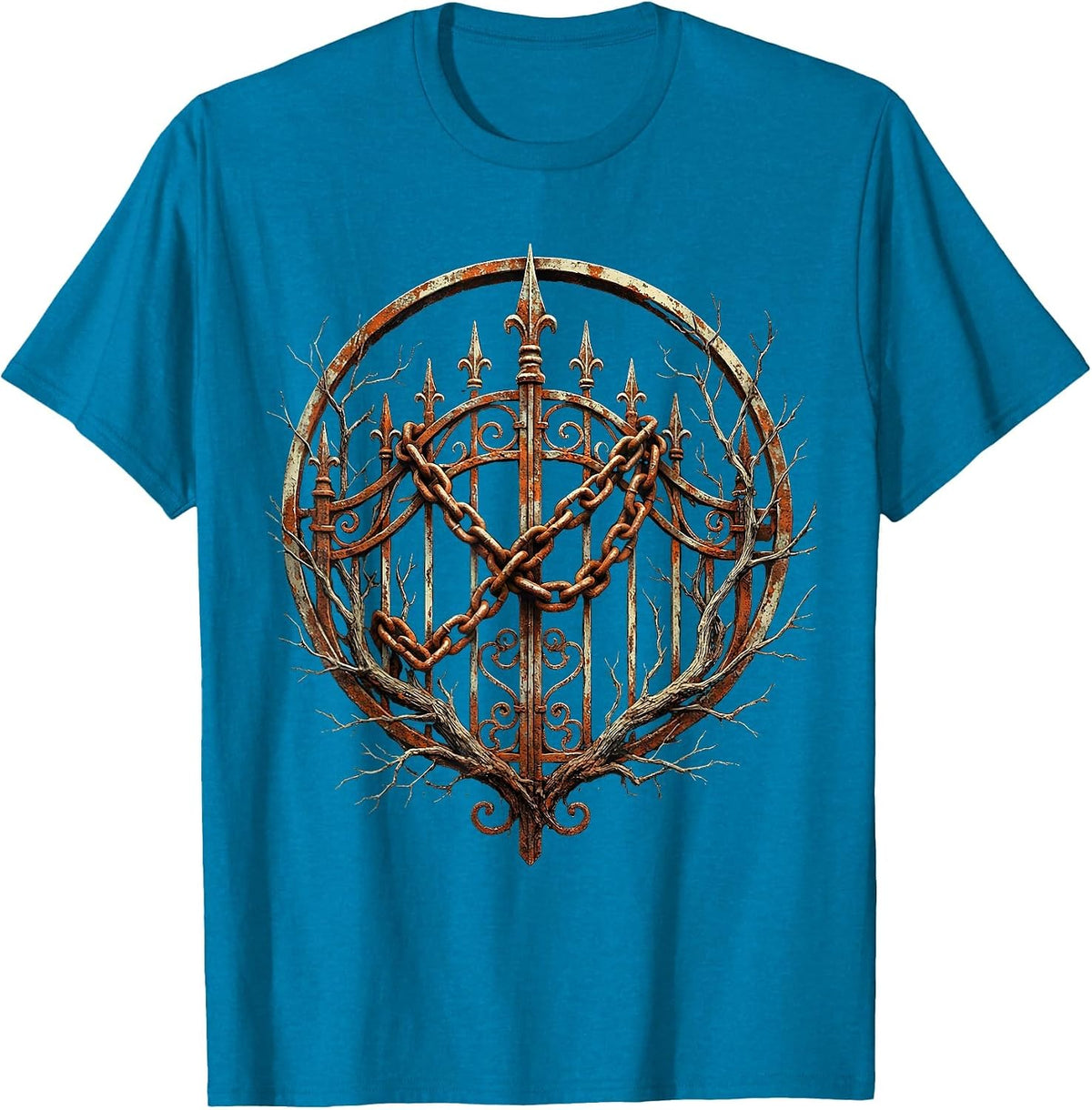 Rusted Chain Cemetery Gate Grunge Illustration T-Shirt - Sapphire Blue