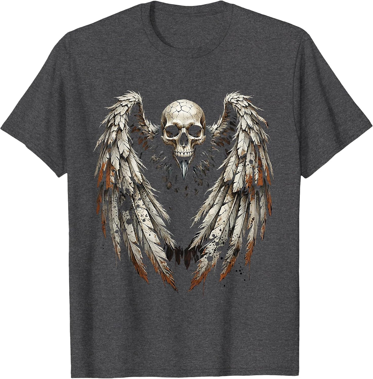 Crow Skull Spread Wings Dark Gothic Illustration T-Shirt - Dark Heather Grey