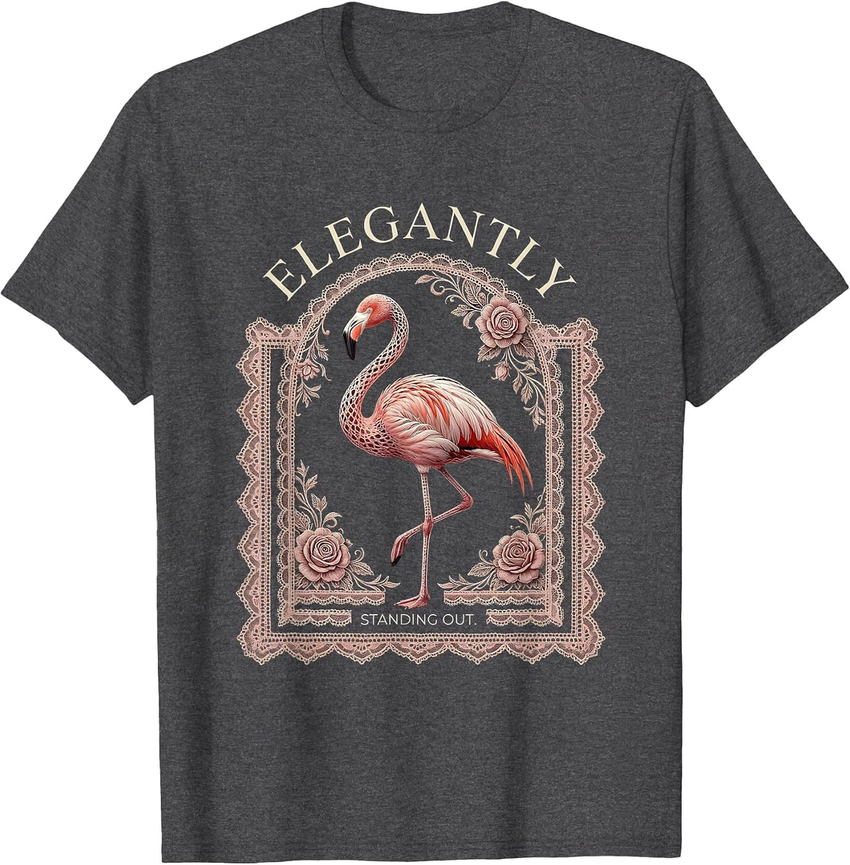 Men's Elegantly Standing Out Flamingo Design T-Shirt - Dark Heather Grey