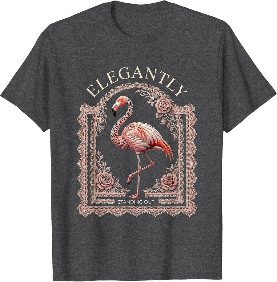 Men's Elegantly Standing Out Flamingo Design T-Shirt - Dark Heather Grey
