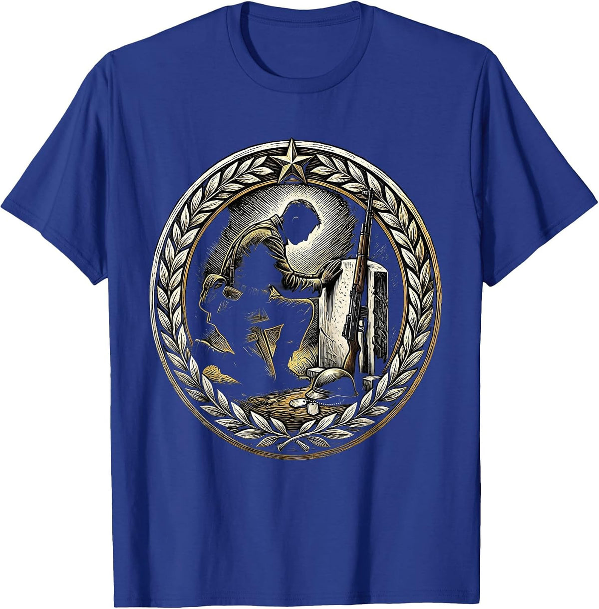 Soldier Kneeling at Grave Memorial Tribute T-Shirt - Royal Blue