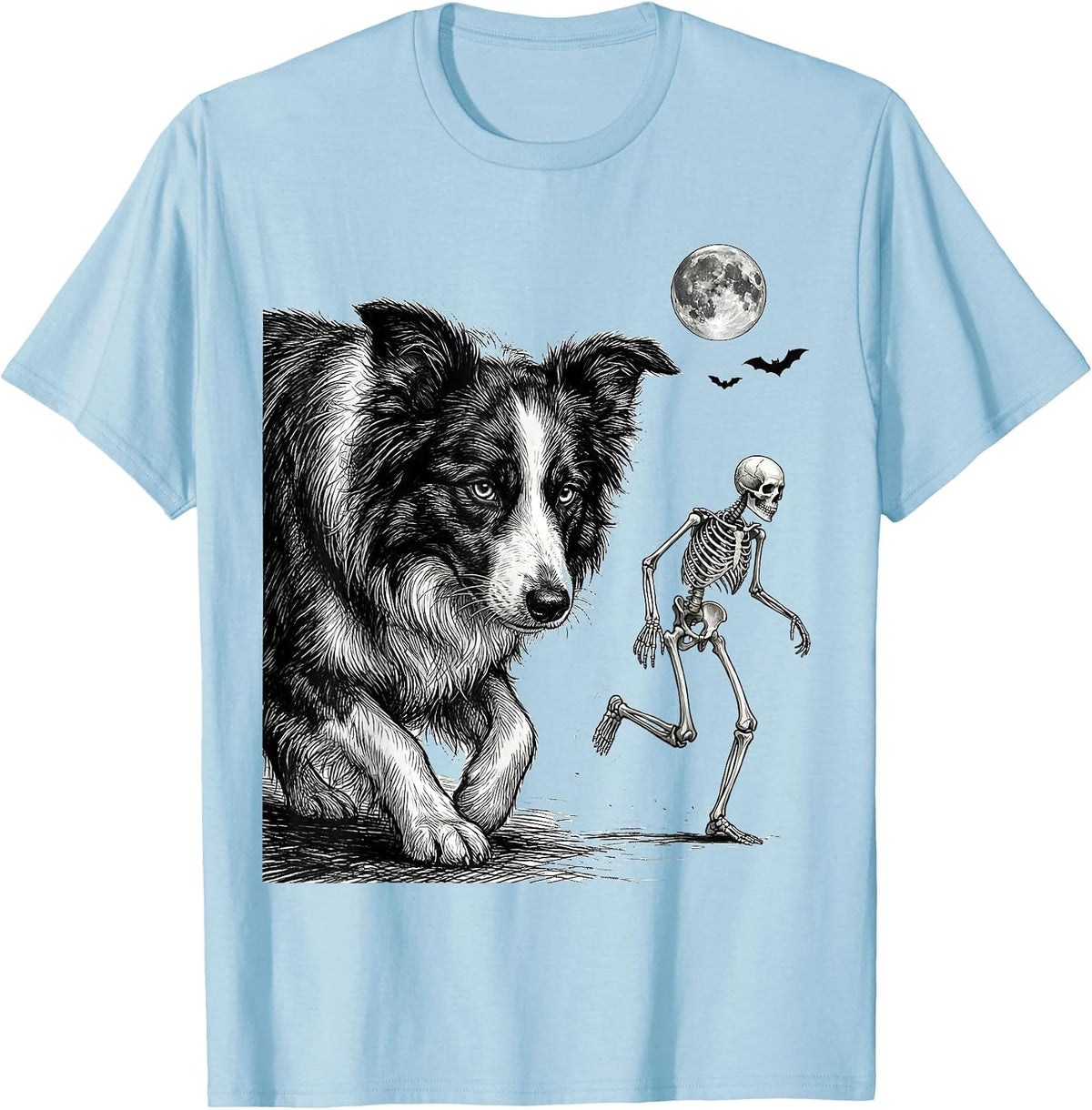 Men's Border Collie Skeleton Chase Funny Dog Mom Halloween T-Shirt - Baby Blue