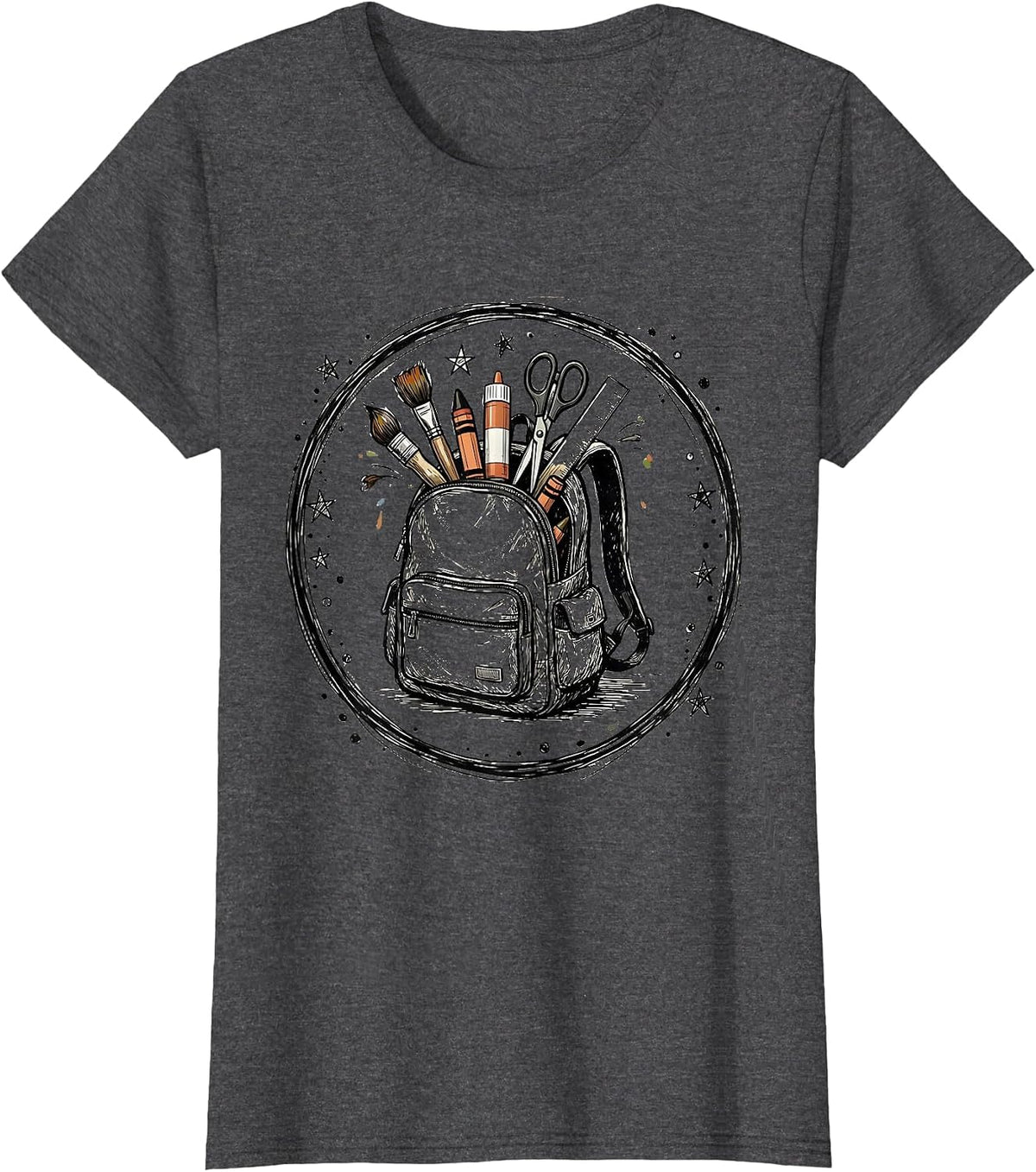 Women's Preschool Teacher Art Supply Backpack Graphic T-Shirt - Dark Heather Grey