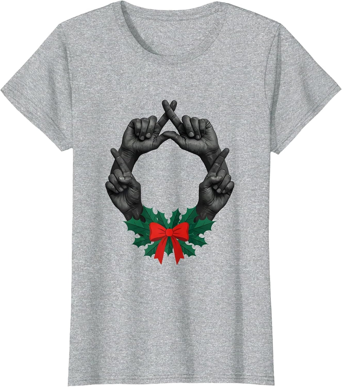 Women's Interlocked Hands Holiday Wreath Rock Metal Guitarist T-Shirt - Heather Grey