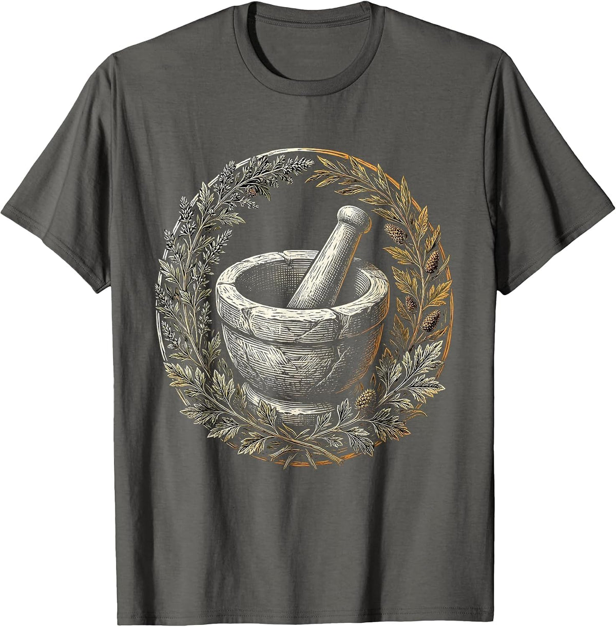 Renaissance Apothecary Mortar and Pestle Botanical Art T-Shirt - Asphalt Grey
