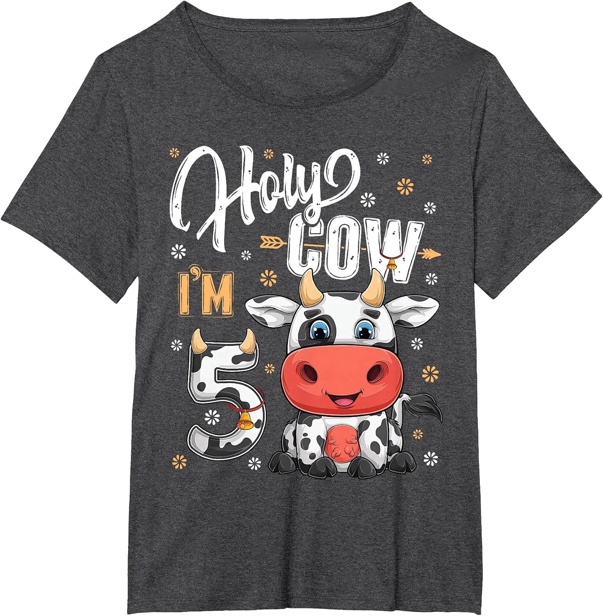 Holy Cow I'm Five 5 Year Old Cows Farm Theme 5th Birthday T-Shirt - Dark Heather Grey
