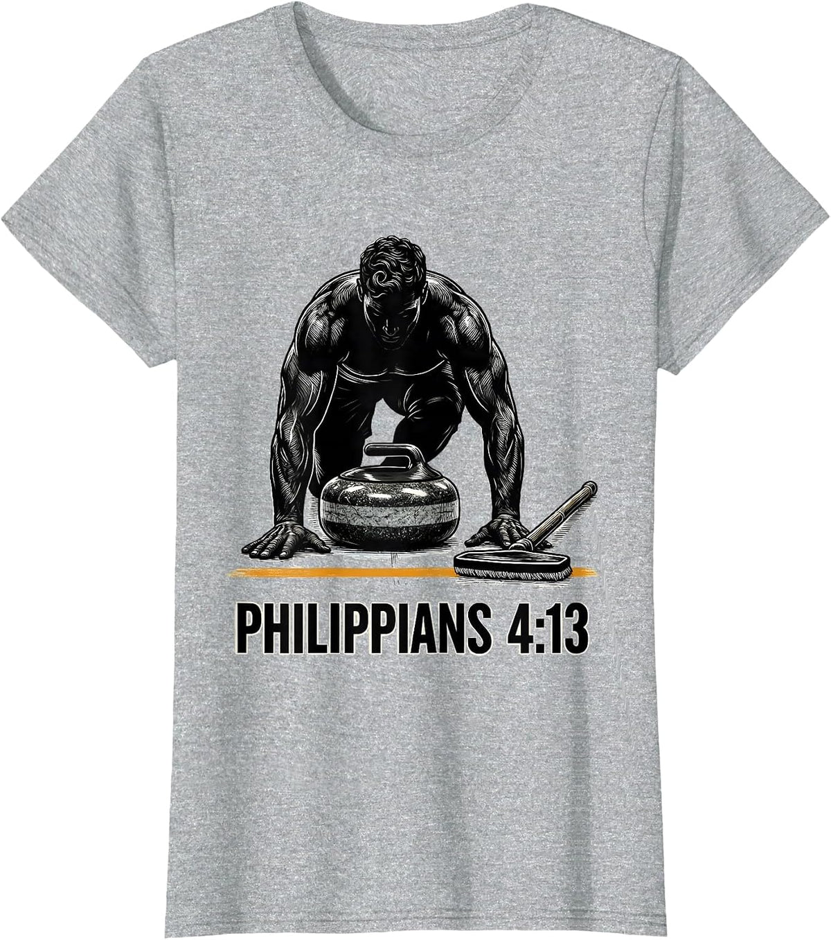 Philippians 4:13 Scratchboard Curling Athlete Faith Graphic T-Shirt - Heather Grey