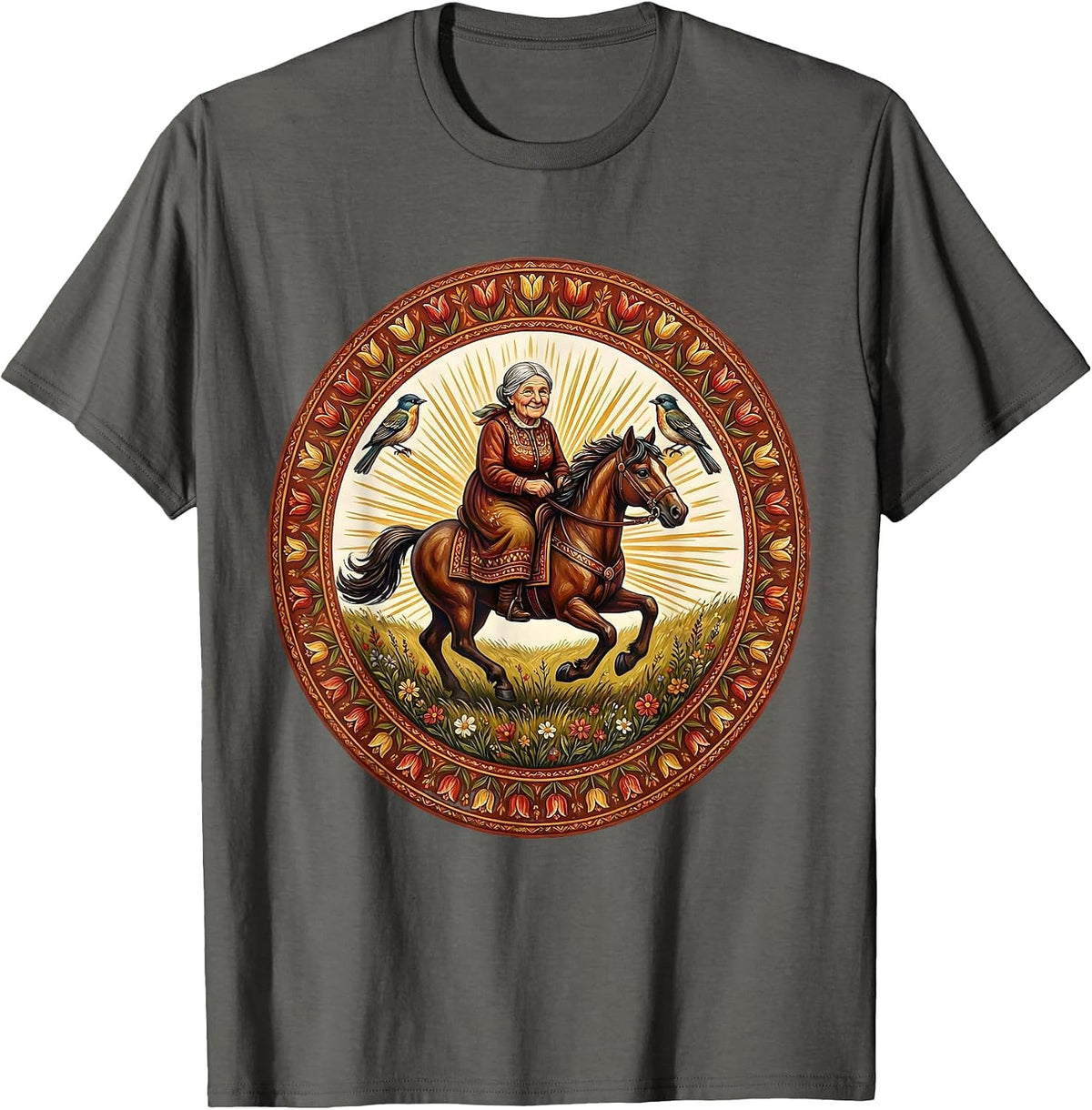 Grandma Riding Horse Through Open Meadow T-Shirt - Asphalt Grey
