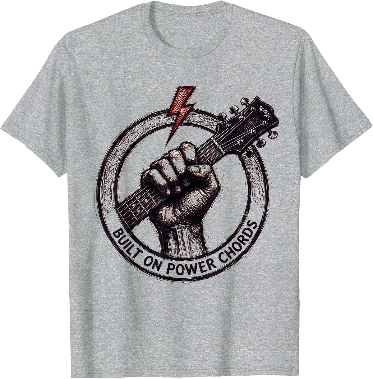 Men's Built on Power Chords Heavy Metal Guitar Design T-Shirt - Heather Grey