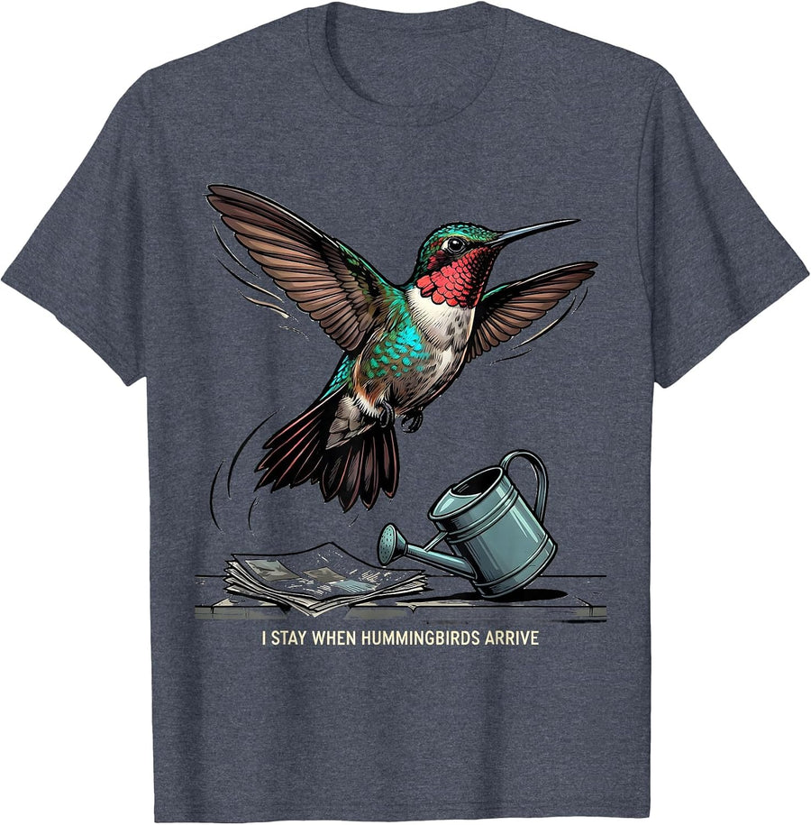 I Stay When Hummingbirds Arrive Cartoon Bird Lover T-Shirt - Heather Blue