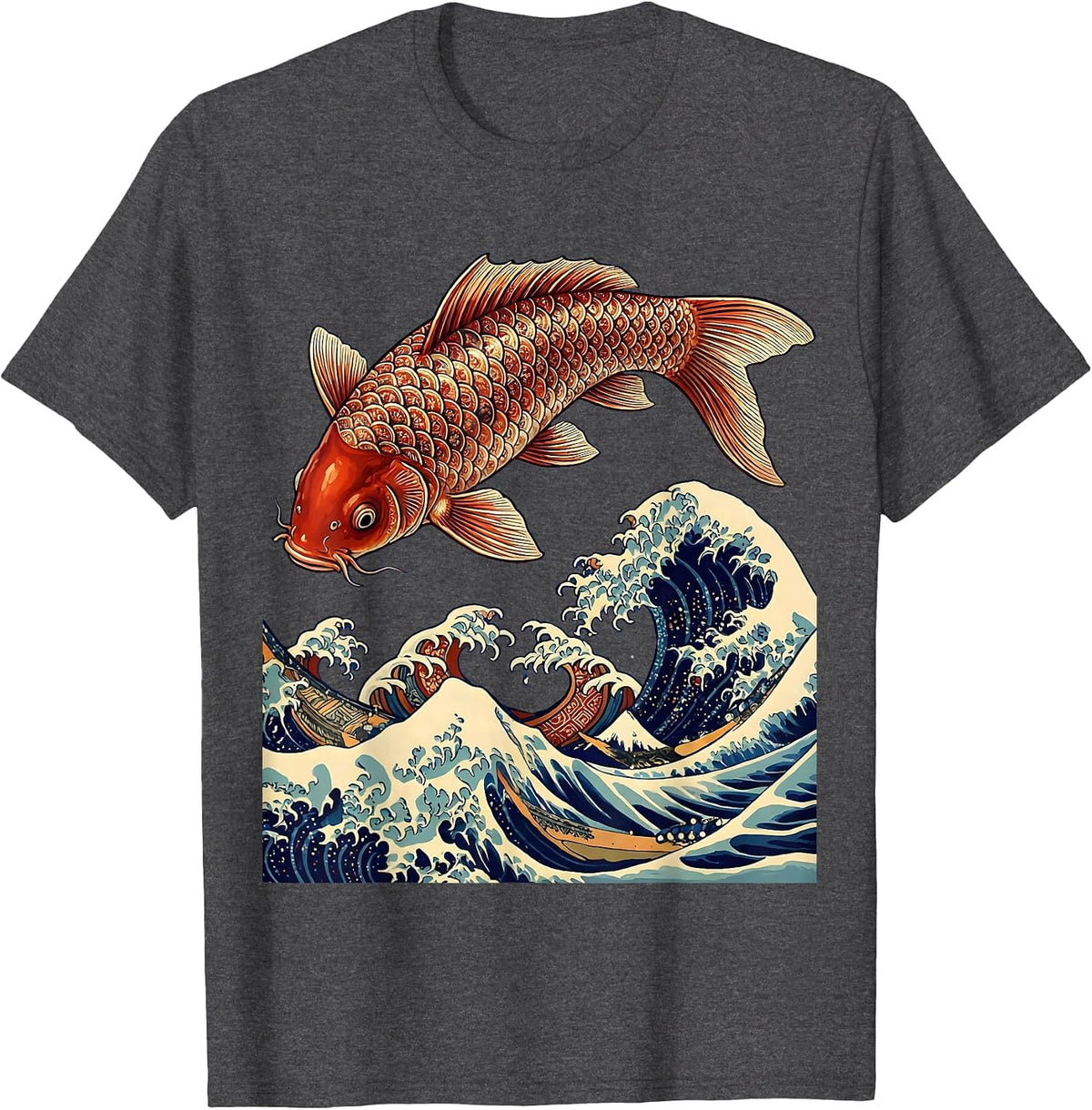 Men's Koi Fish Leaping Wave Japanese Art Design T-Shirt - Dark Heather Grey