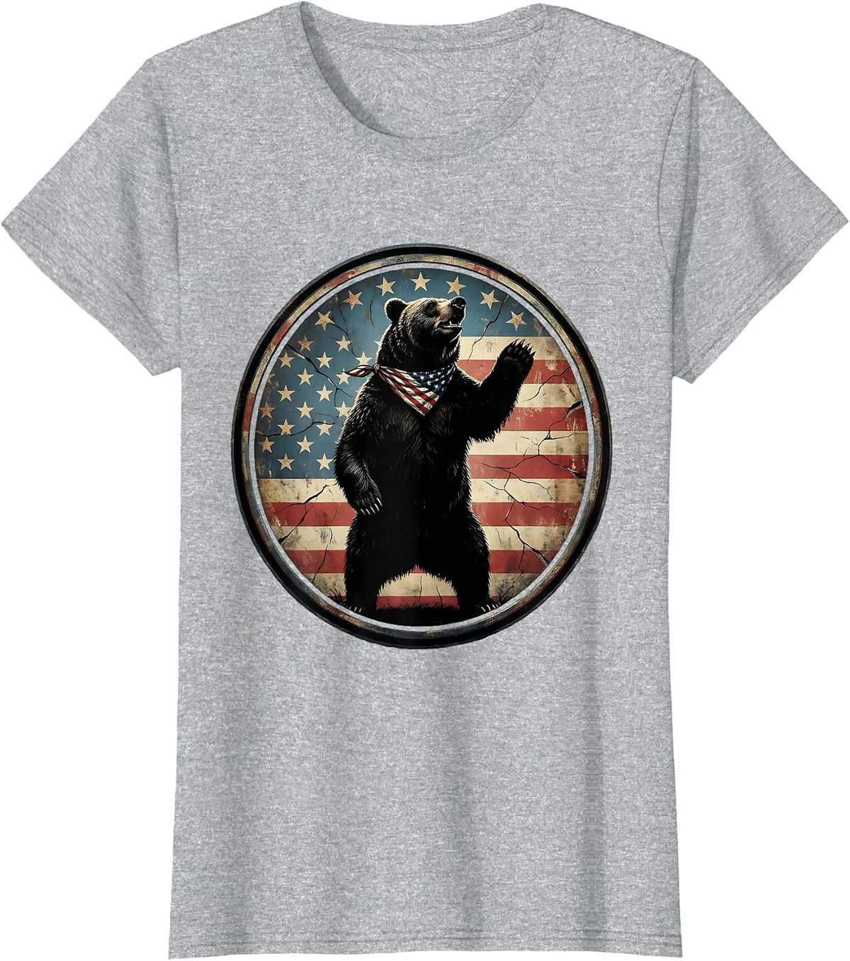 Patriotic Bear Stars and Stripes Bandana Design T-Shirt - Heather Grey