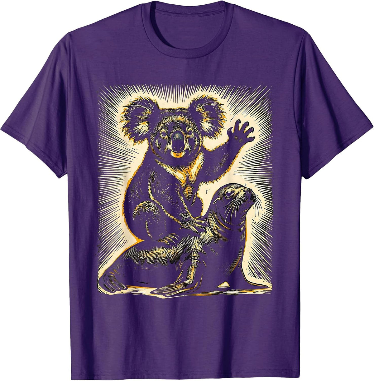 Broad Blunt Koala Linocut Funny Animal Lover T-Shirt - Purple