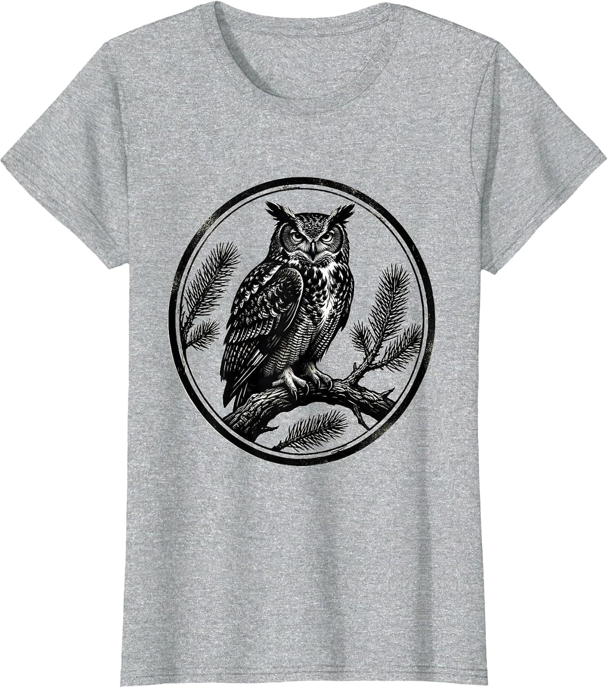 Women's Great Horned Owl Scratchboard Vintage Forest Wildlife Nature T-Shirt - Heather Grey