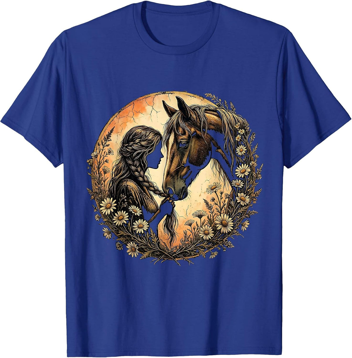Western Horse Braiding Illustration Graphic Tee T-Shirt - Royal Blue