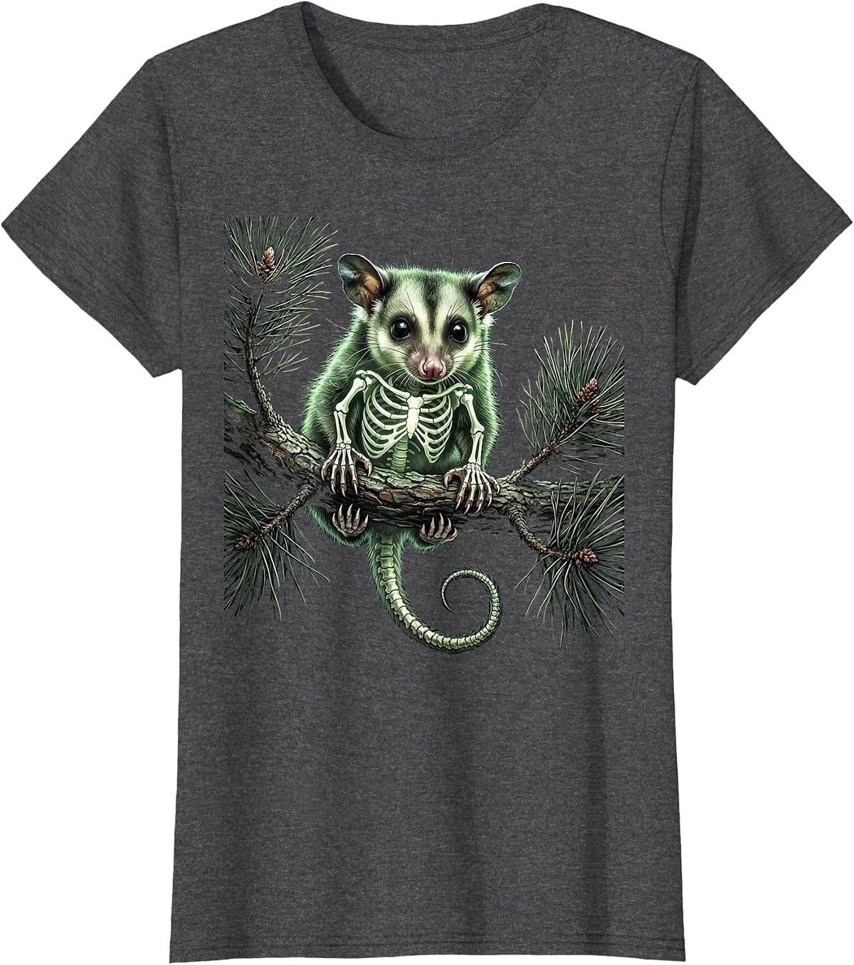 Women's Baby Opossum on Pine Branch Illustration T-Shirt - Dark Heather Grey
