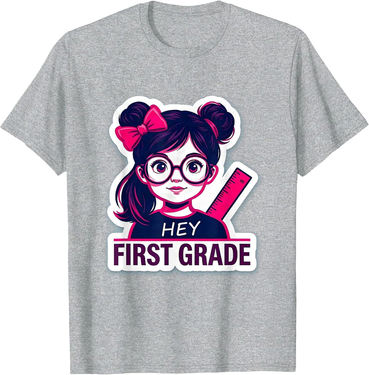 Men's Hey, First Grade Cute Messy Bun Back To School Girl T-Shirt - Heather Grey