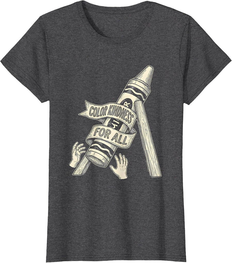 Women's Color Kindness For All Line Art Teacher Classroom T-Shirt - Dark Heather Grey