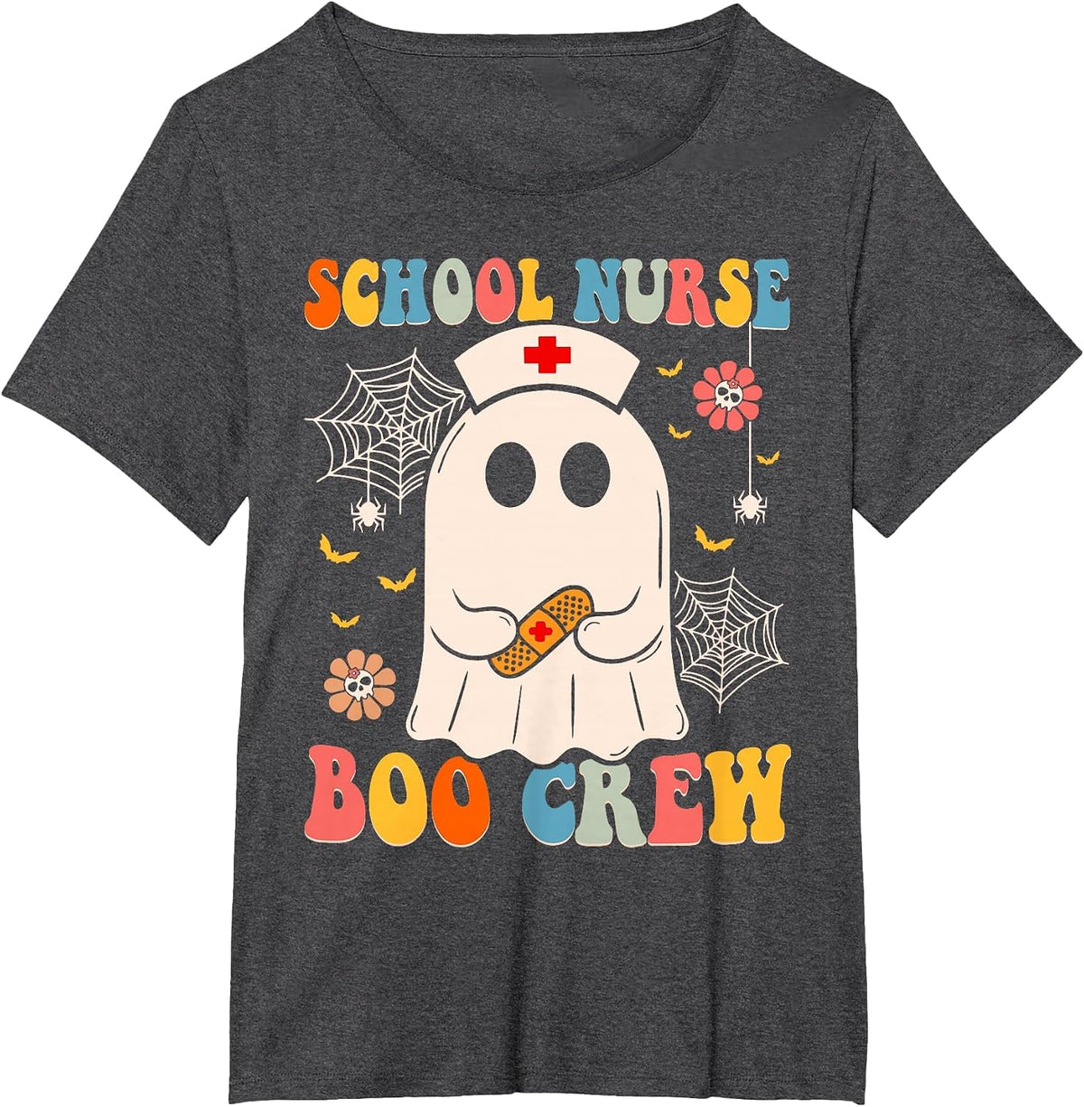 Groovy School Nurse Boo Crew Nurse Funny Ghost Halloween T-Shirt - Dark Heather Grey