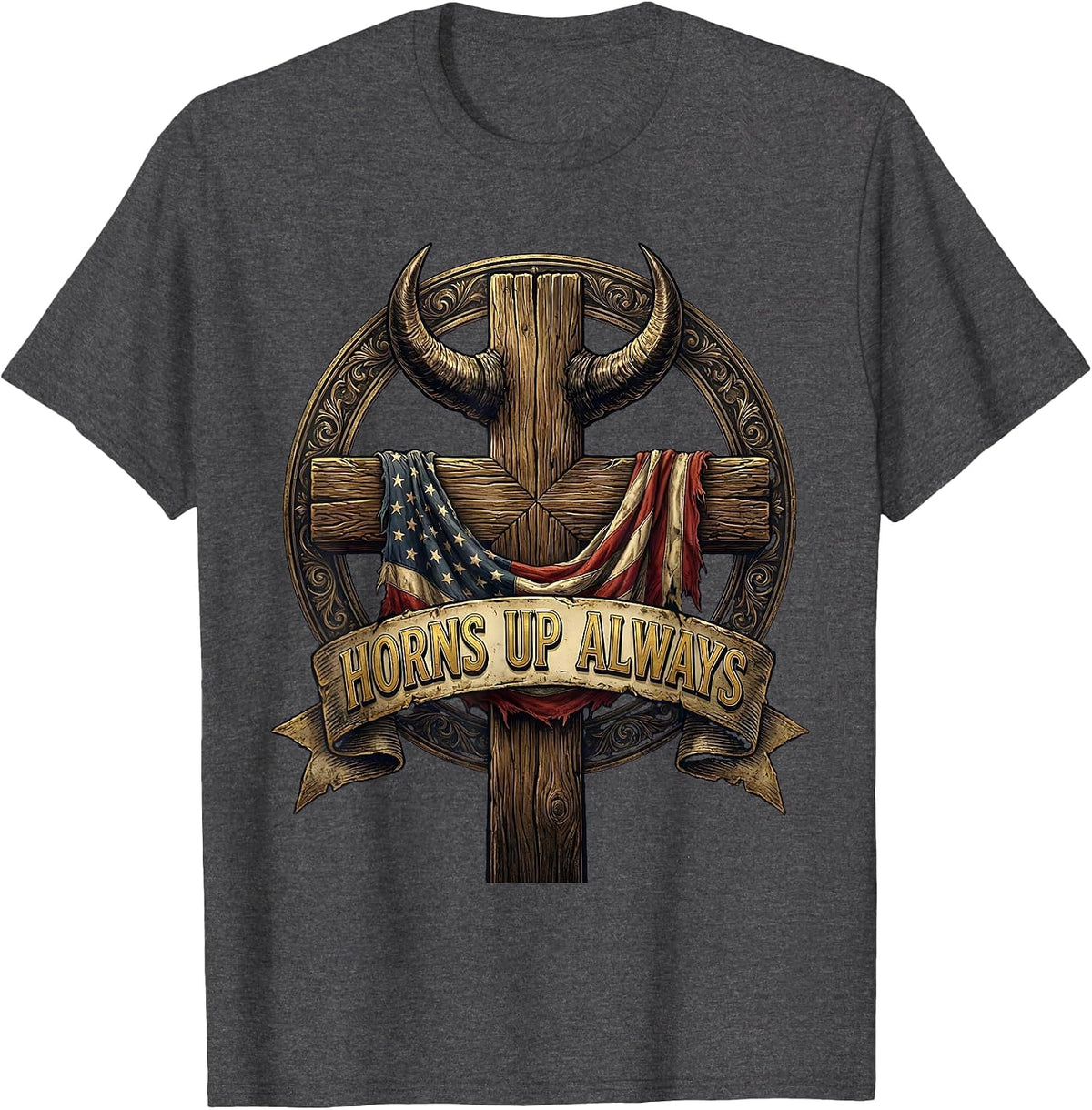 Men's Horns Up Always Metal Band Graphic Design T-Shirt - Dark Heather Grey