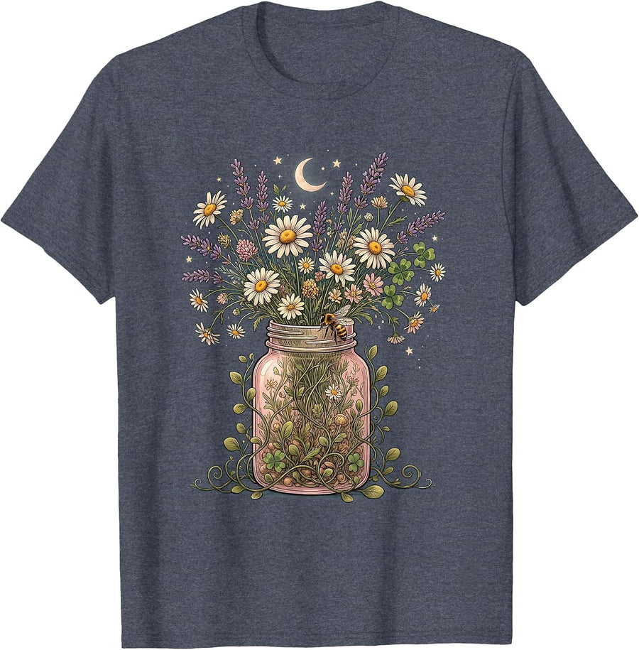 Nurse Wildflower Pill Bottle Floral Graphic T-Shirt - Heather Blue