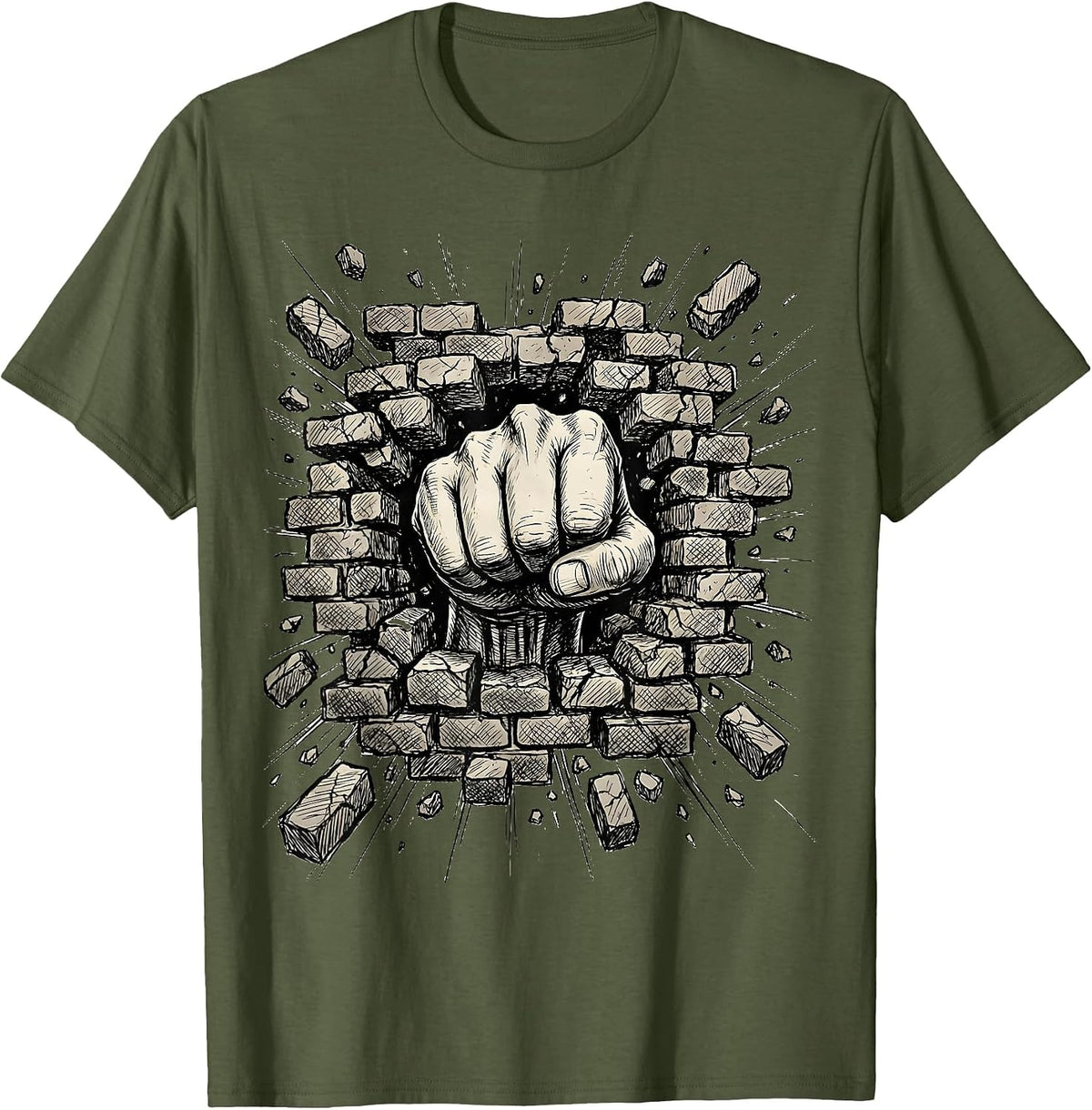 Men's Grunge Fist Through Brick Wall Graphic Tee T-Shirt - Olive Green