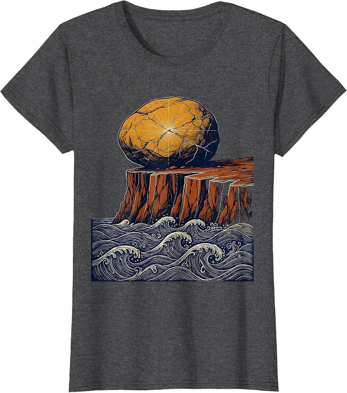Women's Boulder on Cliff Edge Over Crashing Sea T-Shirt - Dark Heather Grey