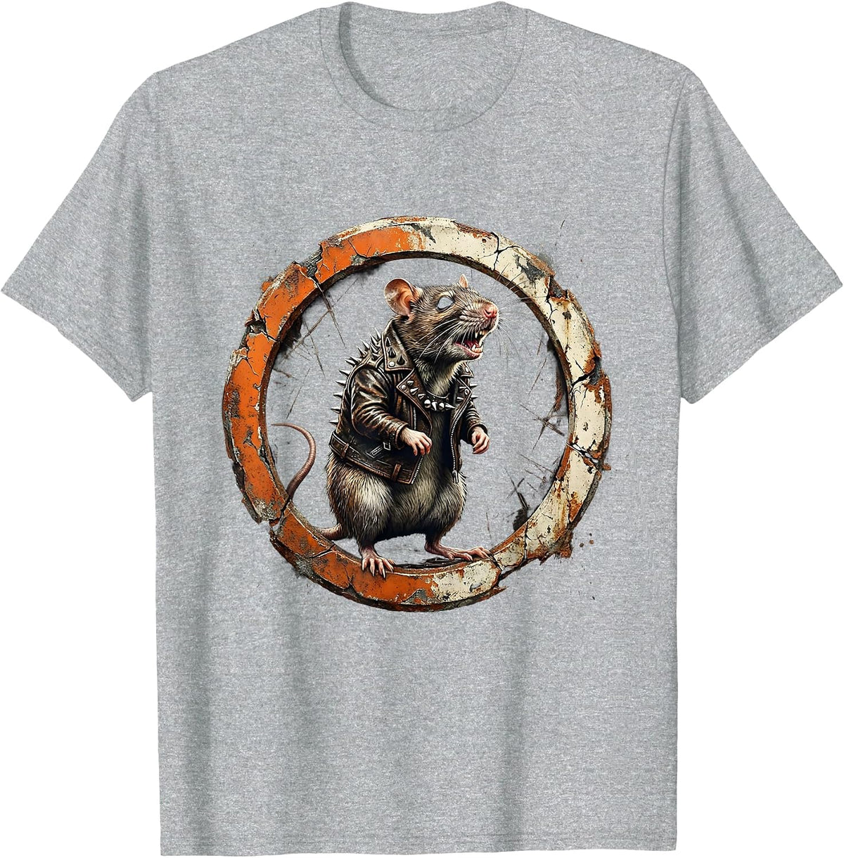 Men's Punk Rat Studded Leather Jacket Graphic Tee T-Shirt - Heather Grey